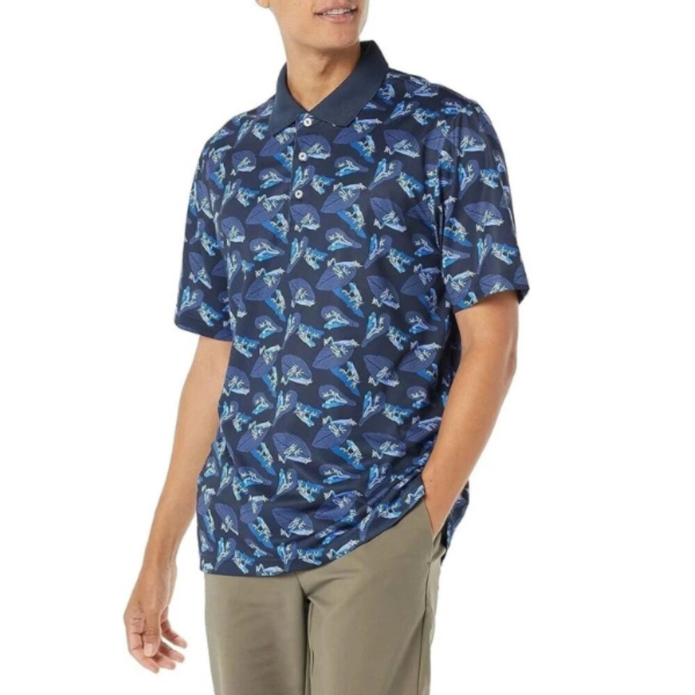 NWT Amazon Essentials XXL Blue Fish Golf Polo